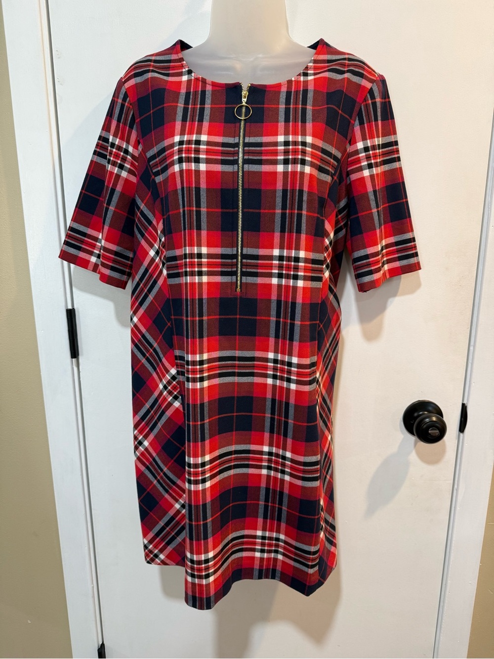 Trina Turk Red & Navy Plaid Zip-Front Midi Dress-#1771